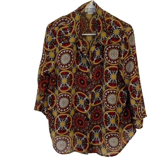 CB Petite c.b. collections Gold Red Circle Patterns Sheer Light Blouse  XL Y2K - Picture 1 of 9